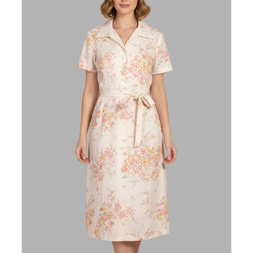 VINTAGE Poly Knit PINK ORANGE FLORAL 1/2 Button BELTED SHIRT DRESS (16.5) sz M/L